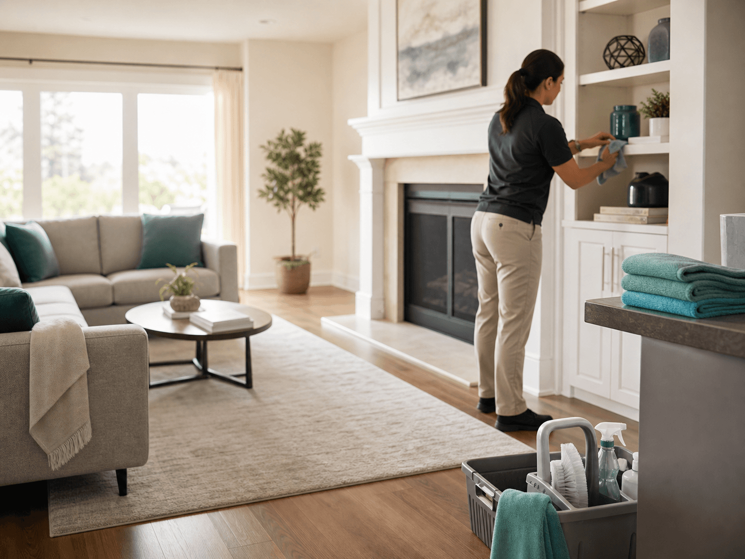 Professional cleaner refreshing a bright, freshly cleaned living room
